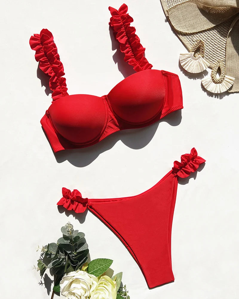 Push up Bikini Set Women 2025 Swimsuit Sexy Bow Biquini Lace up Summer Bathing Suit Lady Two Pieces Swimwear Woman Beachwear L