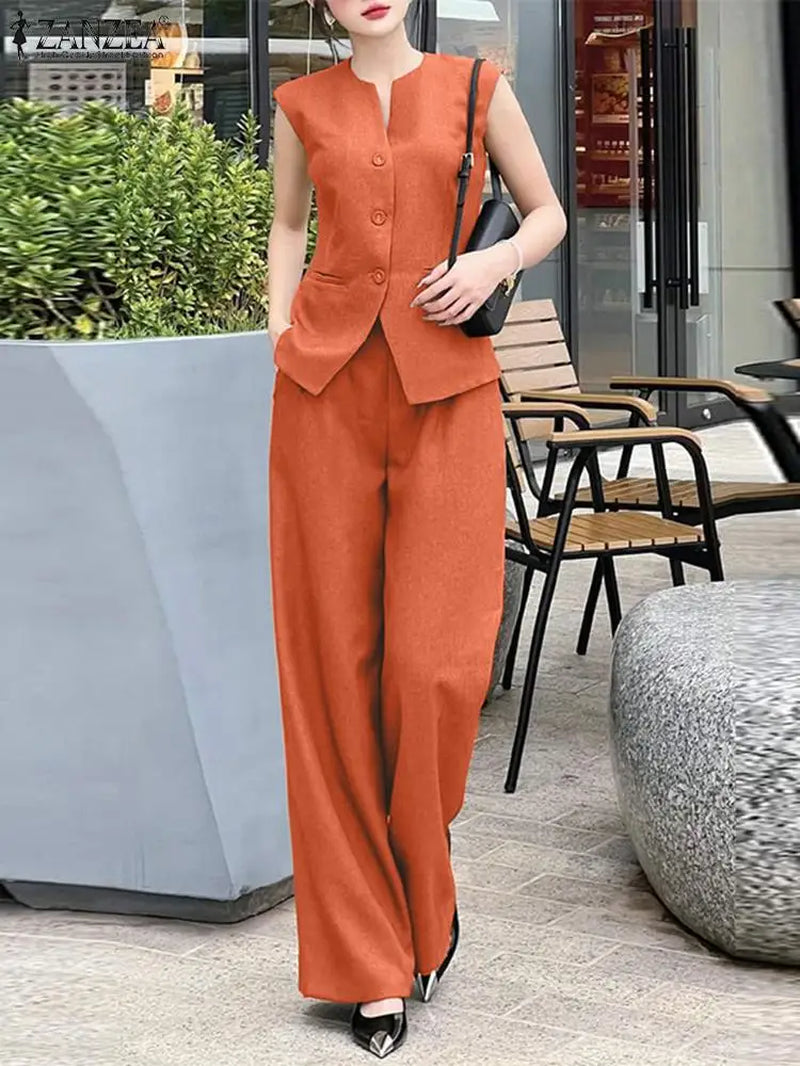 Women 2Pcs Matching Sets Fashion Sleeveless Waistcoat Suits Office Lady Wide Leg Pants Casual Loose Solid Retro Outfits