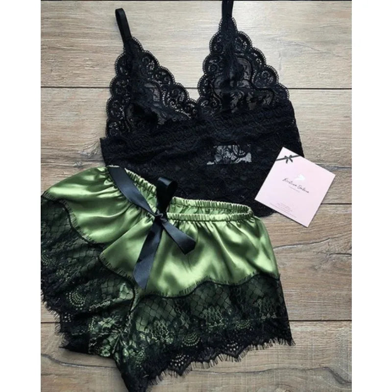 Summer 2Pcs Women'S New Sexy Lace See-Through Pajamas Black Pink Cute Clothes Comfortable Breathable Suspender Shorts Set