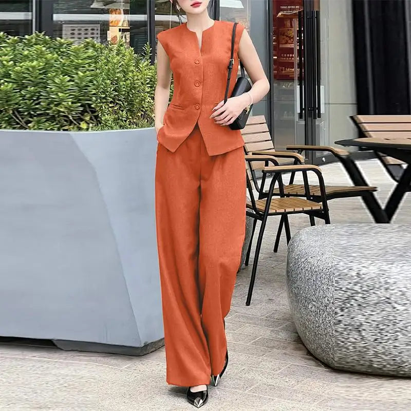 Women 2Pcs Matching Sets Fashion Sleeveless Waistcoat Suits Office Lady Wide Leg Pants Casual Loose Solid Retro Outfits