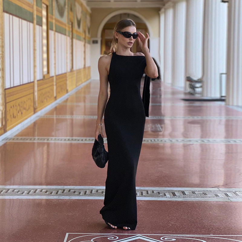 One-Shoulder Ribbon Long Dress Ins Fashion Slim Sleeveless Dresses for Evening Party Club Clothing Women