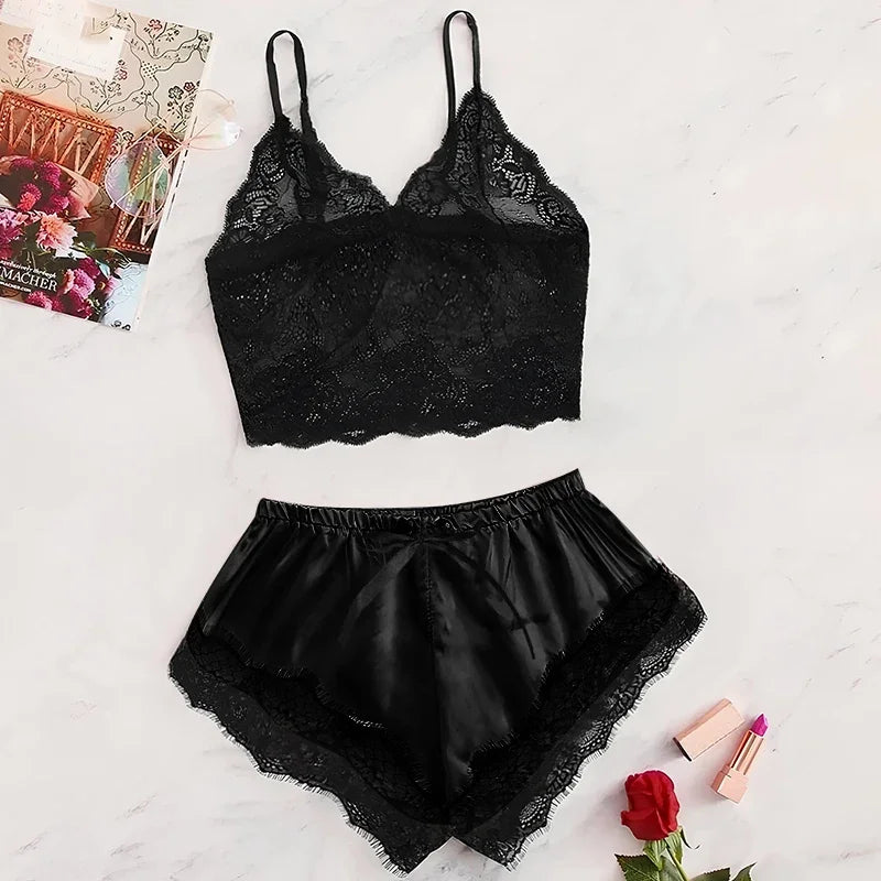 Summer 2Pcs Women'S New Sexy Lace See-Through Pajamas Black Pink Cute Clothes Comfortable Breathable Suspender Shorts Set