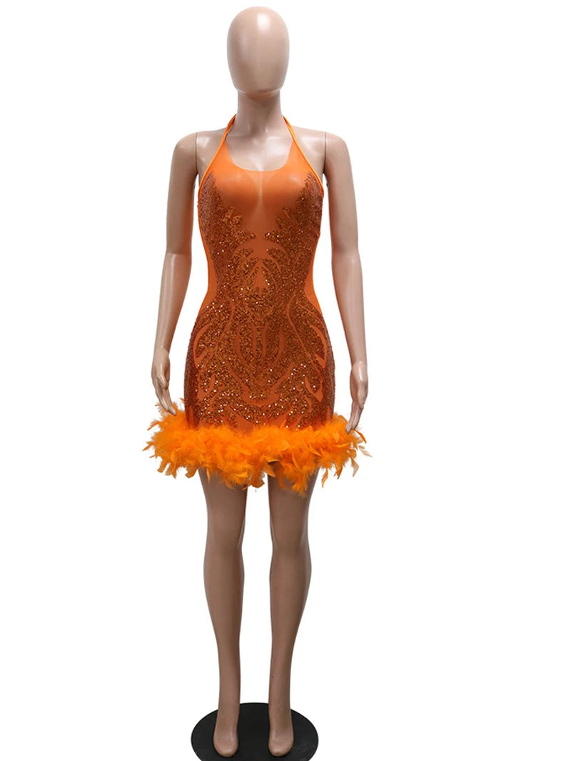 Beautiful Mesh Sequin Feather Glam Dress Luxury Woman Party Dress Glitter Sleeveless Night Out Dresses Birthday Outfits