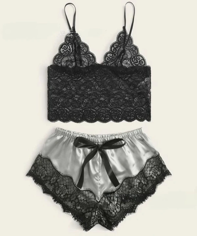 Summer 2Pcs Women'S New Sexy Lace See-Through Pajamas Black Pink Cute Clothes Comfortable Breathable Suspender Shorts Set