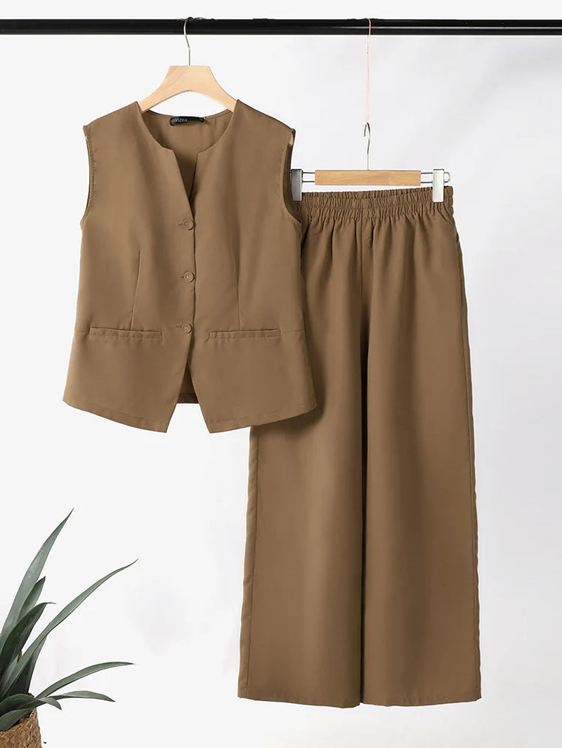Women 2Pcs Matching Sets Fashion Sleeveless Waistcoat Suits Office Lady Wide Leg Pants Casual Loose Solid Retro Outfits