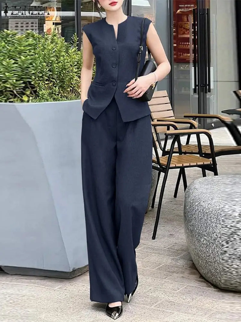 Women 2Pcs Matching Sets Fashion Sleeveless Waistcoat Suits Office Lady Wide Leg Pants Casual Loose Solid Retro Outfits