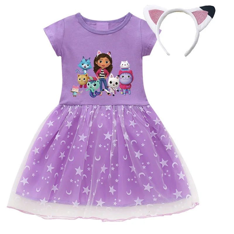 2024 New Summer Cartoon Gabby Cats Dresses Baby Girls Princess Dress Bag Headband Kids Gabby'S Dollhouse Cosplay Costume