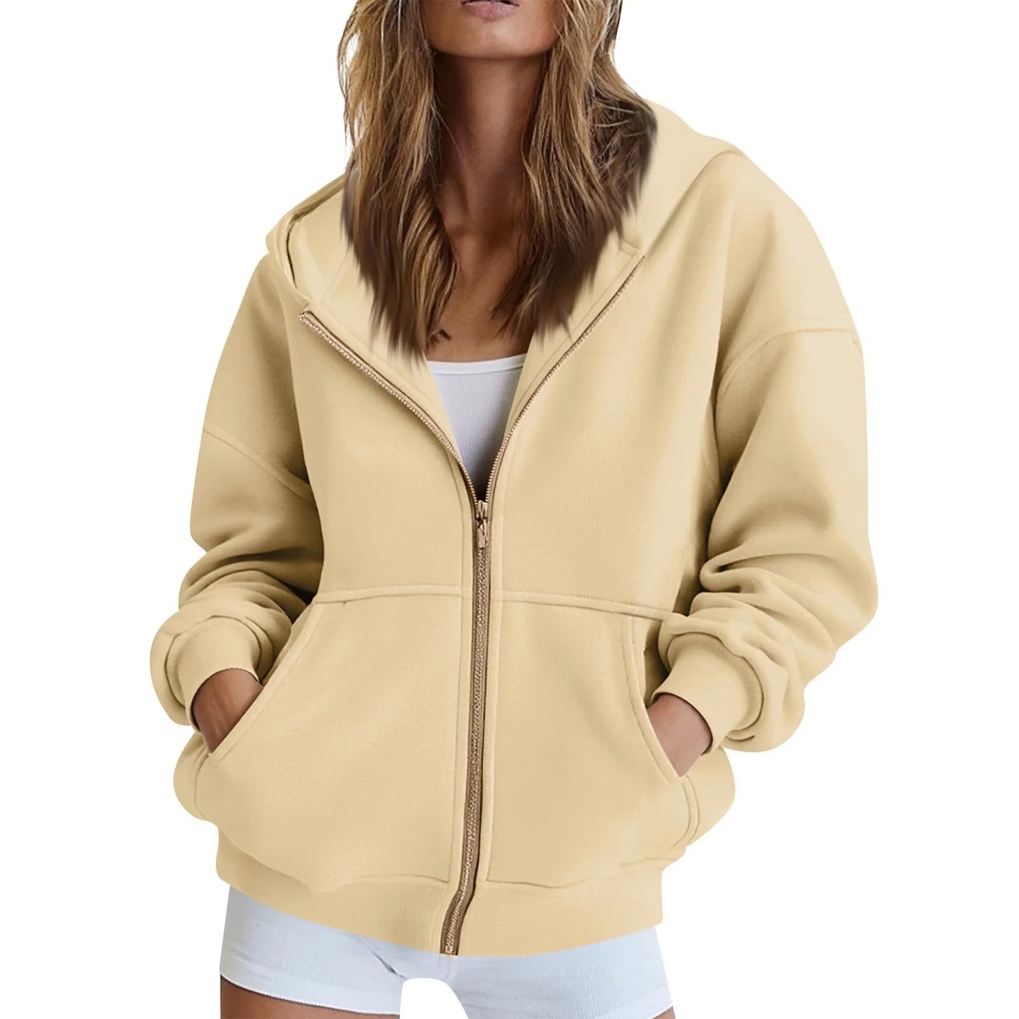Solid Color Long Sleeve Zipper Hooded Sweatshirt Jacket Women Casual Fashion Hoodies Loose Warm Zipper Daily Dress up Clothing