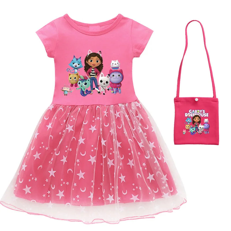 2024 New Summer Cartoon Gabby Cats Dresses Baby Girls Princess Dress Bag Headband Kids Gabby'S Dollhouse Cosplay Costume