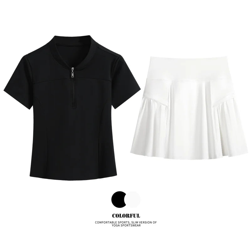 Women Tennis Skirt Set Summer Slim Fit Lightweight Gym Outfit 2 Piece Sport Top Skort Suit 2Pcs Tracksuit Ladies Golf Wear