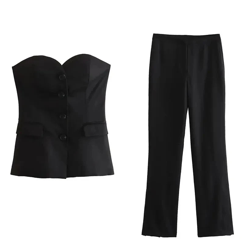 Women Elegant Solid Pant Suit Front Button Strapless Sexy Tank Tops + Side Slit Trouser Female Fashion Streetwear Sets