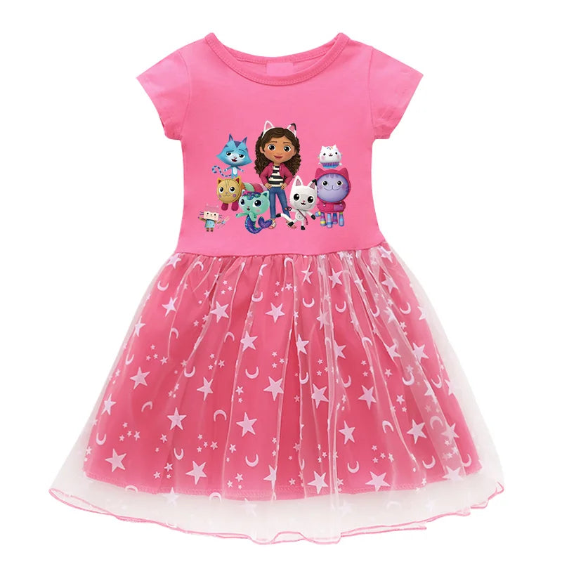 2024 New Summer Cartoon Gabby Cats Dresses Baby Girls Princess Dress Bag Headband Kids Gabby'S Dollhouse Cosplay Costume