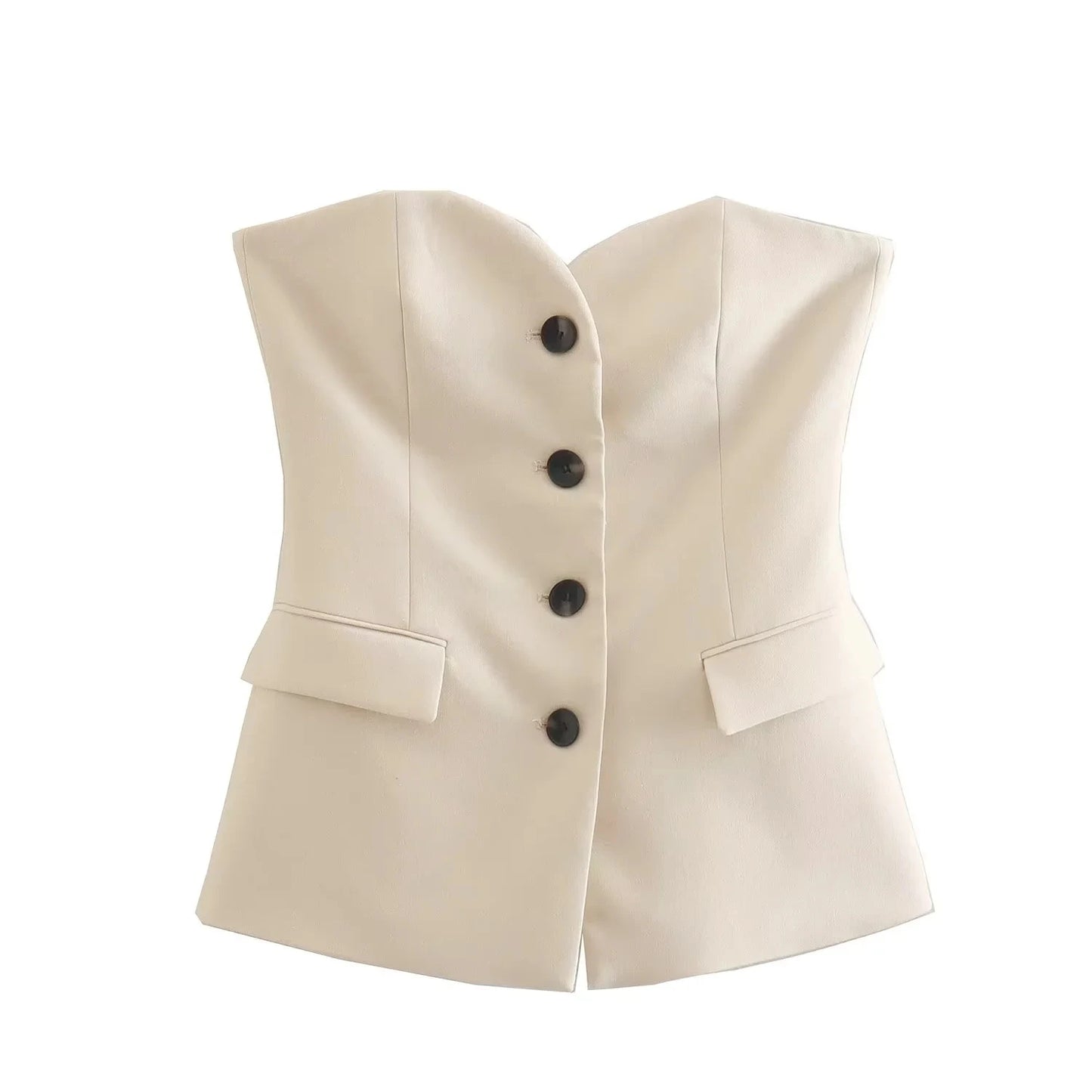 Women Elegant Solid Pant Suit Front Button Strapless Sexy Tank Tops + Side Slit Trouser Female Fashion Streetwear Sets