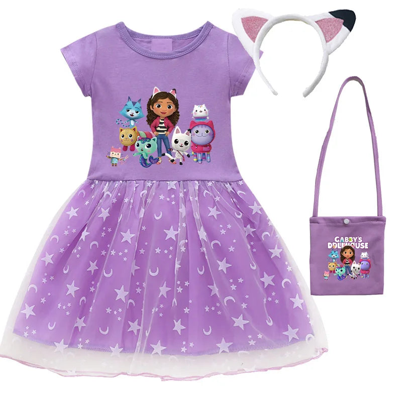 2024 New Summer Cartoon Gabby Cats Dresses Baby Girls Princess Dress Bag Headband Kids Gabby'S Dollhouse Cosplay Costume