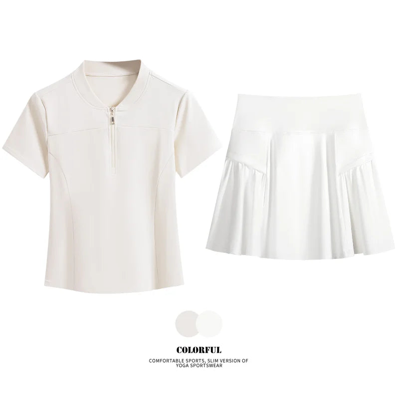 Women Tennis Skirt Set Summer Slim Fit Lightweight Gym Outfit 2 Piece Sport Top Skort Suit 2Pcs Tracksuit Ladies Golf Wear