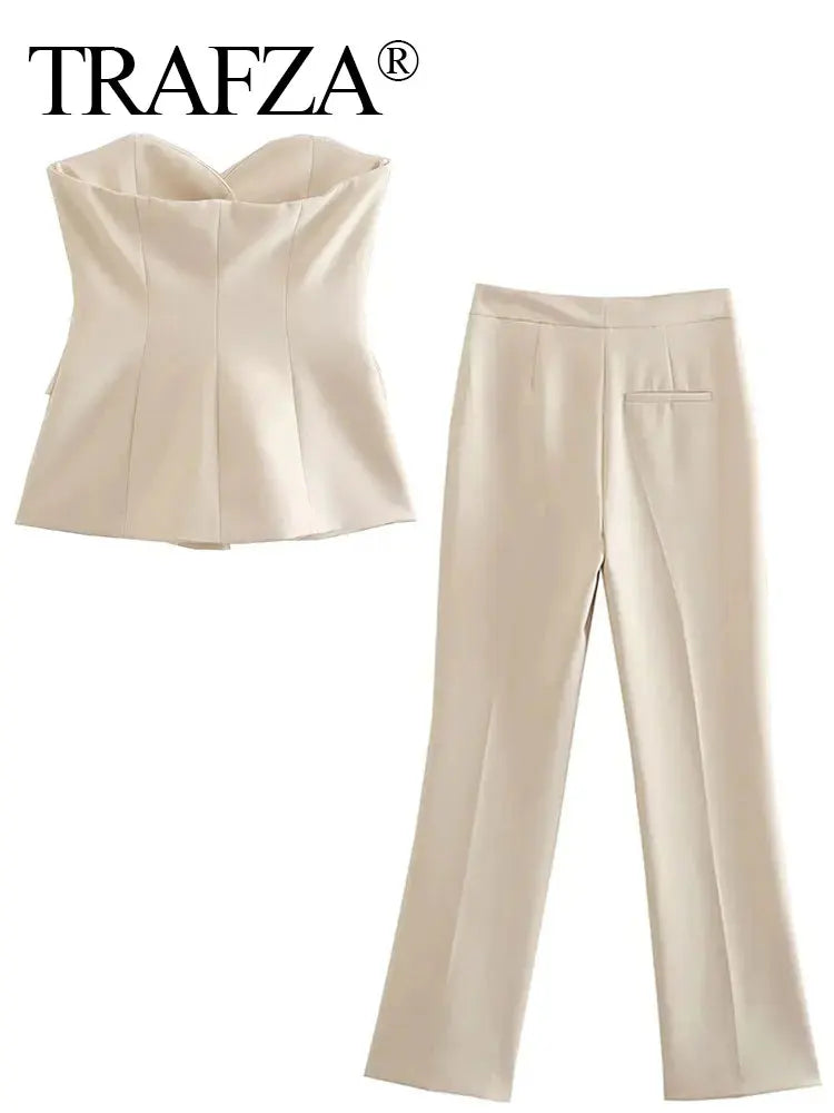 Women Elegant Solid Pant Suit Front Button Strapless Sexy Tank Tops + Side Slit Trouser Female Fashion Streetwear Sets