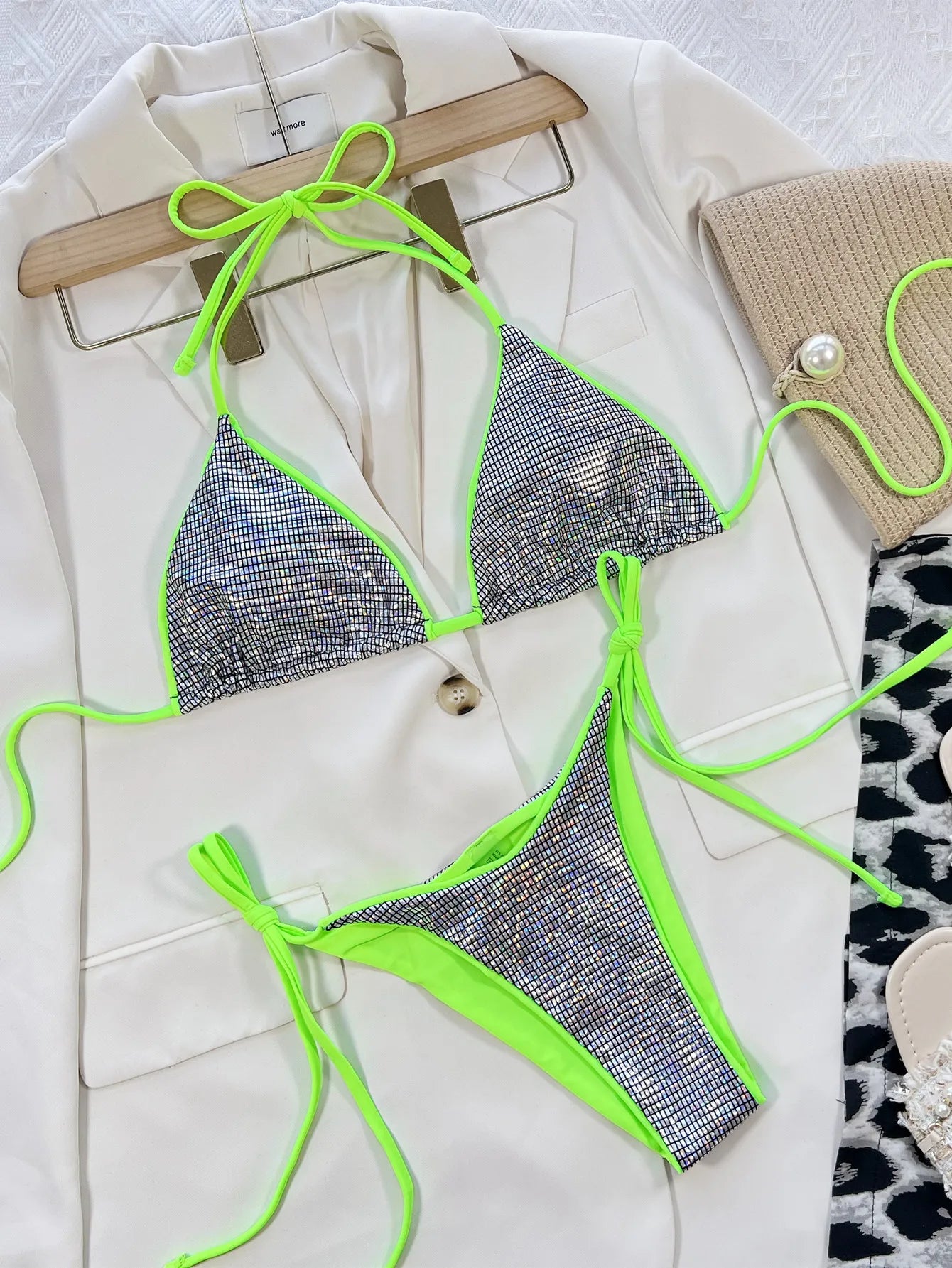 2025 Women Swimsuits Shiny Sexy Triangle Swimwear Women'S Two-Piece Swimsuit Halter Bikini Set Glittery Luxury Bathing Suit
