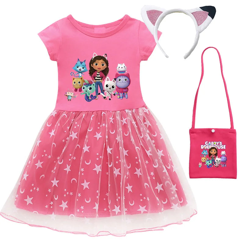 2024 New Summer Cartoon Gabby Cats Dresses Baby Girls Princess Dress Bag Headband Kids Gabby'S Dollhouse Cosplay Costume