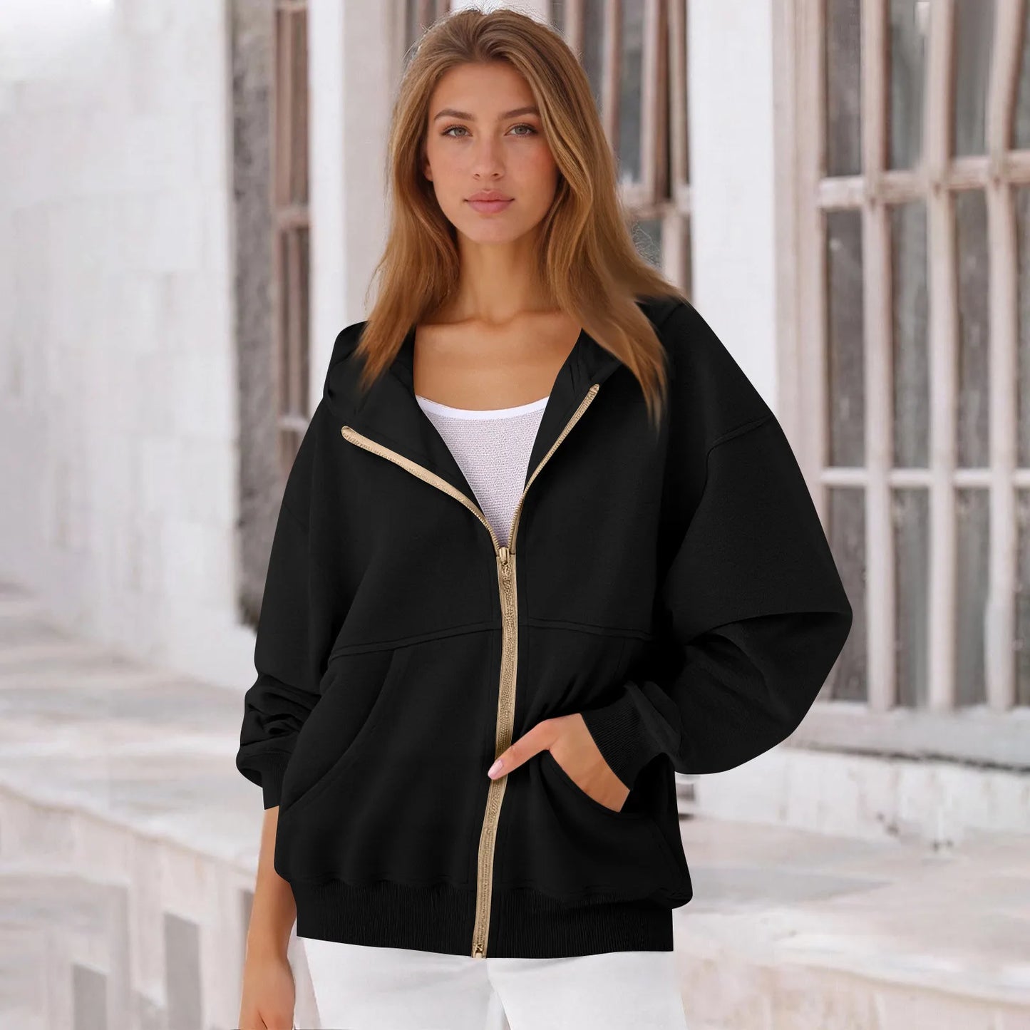 Solid Color Long Sleeve Zipper Hooded Sweatshirt Jacket Women Casual Fashion Hoodies Loose Warm Zipper Daily Dress up Clothing