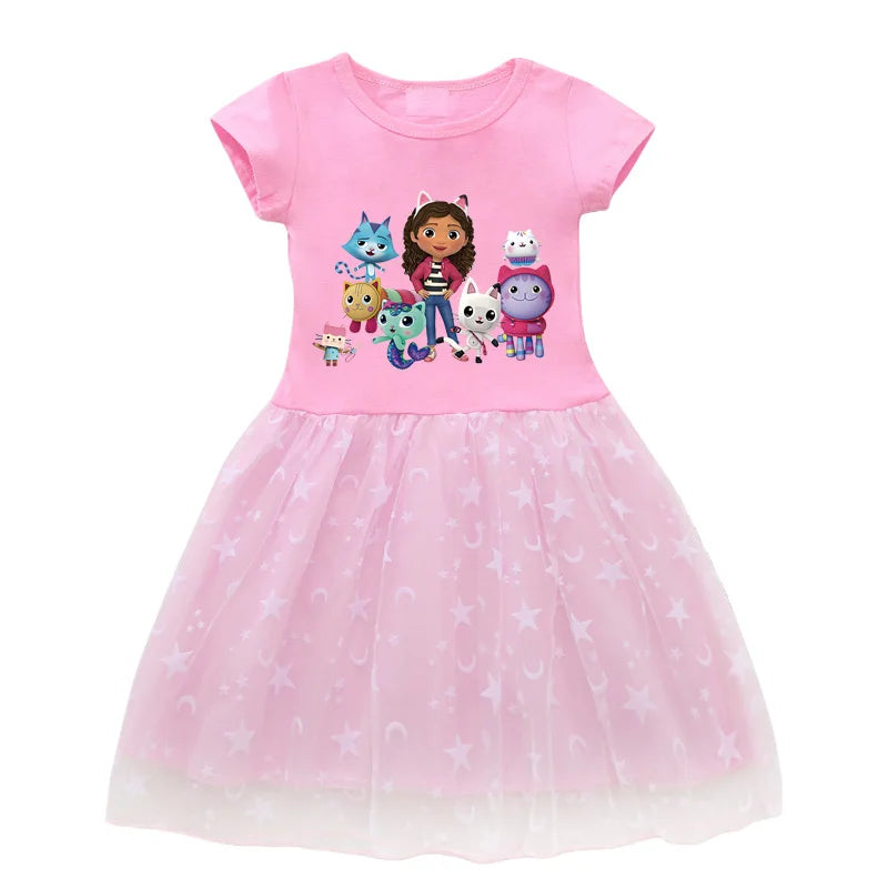 2024 New Summer Cartoon Gabby Cats Dresses Baby Girls Princess Dress Bag Headband Kids Gabby'S Dollhouse Cosplay Costume