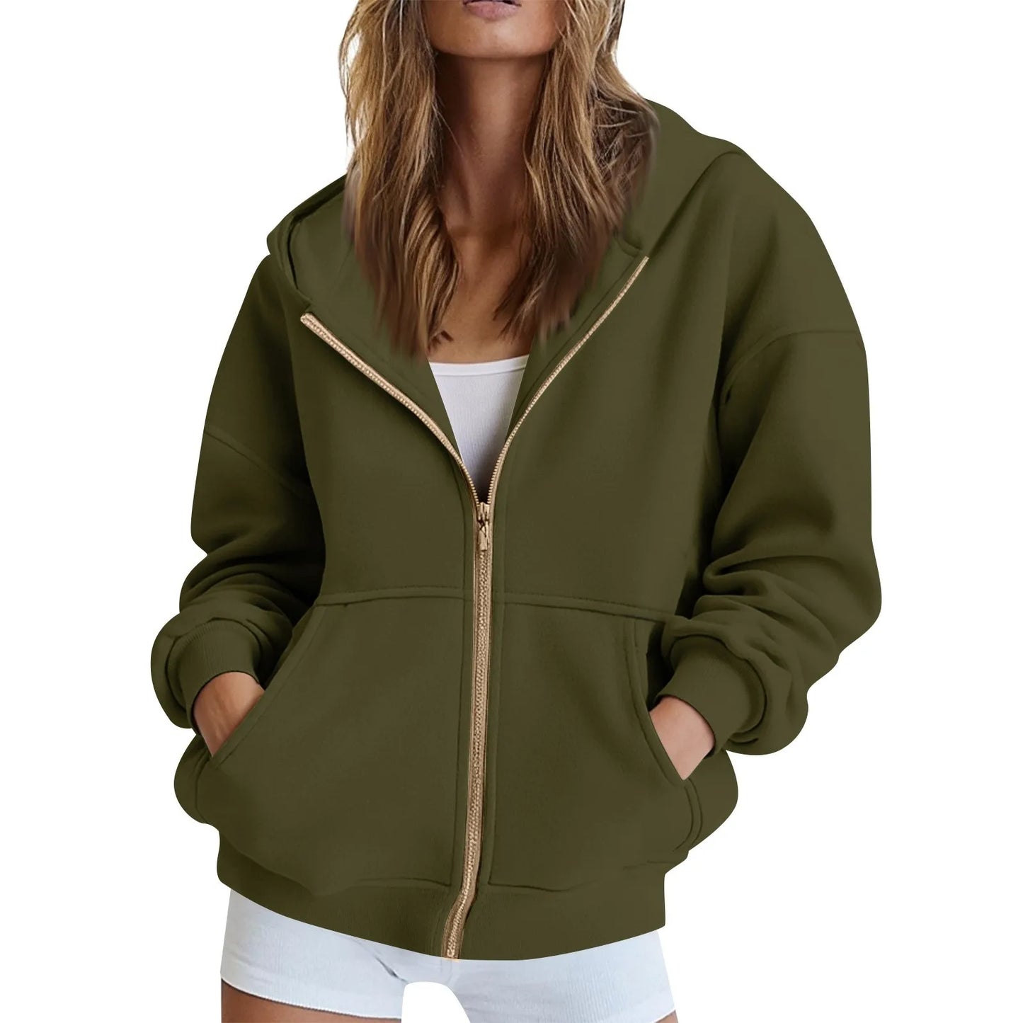 Solid Color Long Sleeve Zipper Hooded Sweatshirt Jacket Women Casual Fashion Hoodies Loose Warm Zipper Daily Dress up Clothing