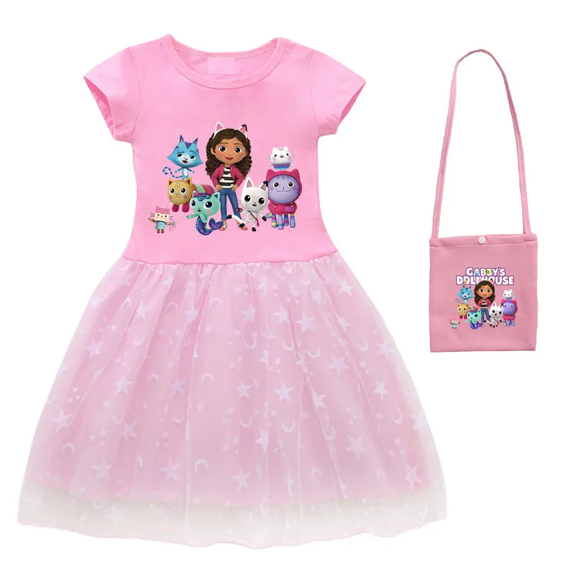 2024 New Summer Cartoon Gabby Cats Dresses Baby Girls Princess Dress Bag Headband Kids Gabby'S Dollhouse Cosplay Costume