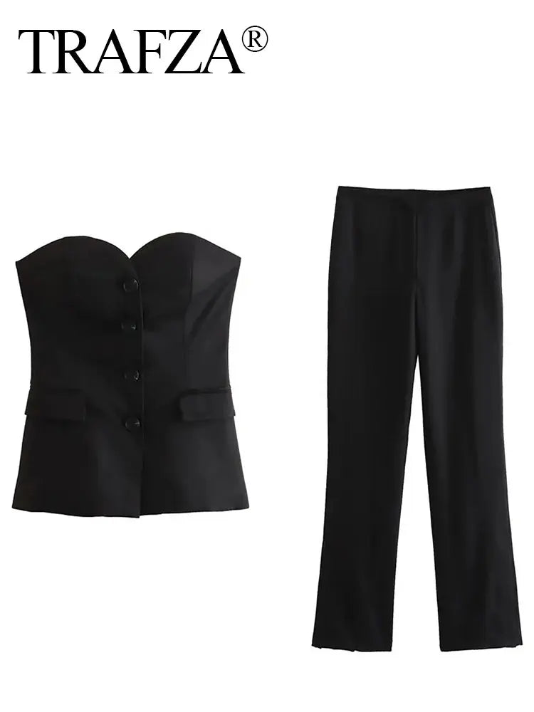 Women Elegant Solid Pant Suit Front Button Strapless Sexy Tank Tops + Side Slit Trouser Female Fashion Streetwear Sets