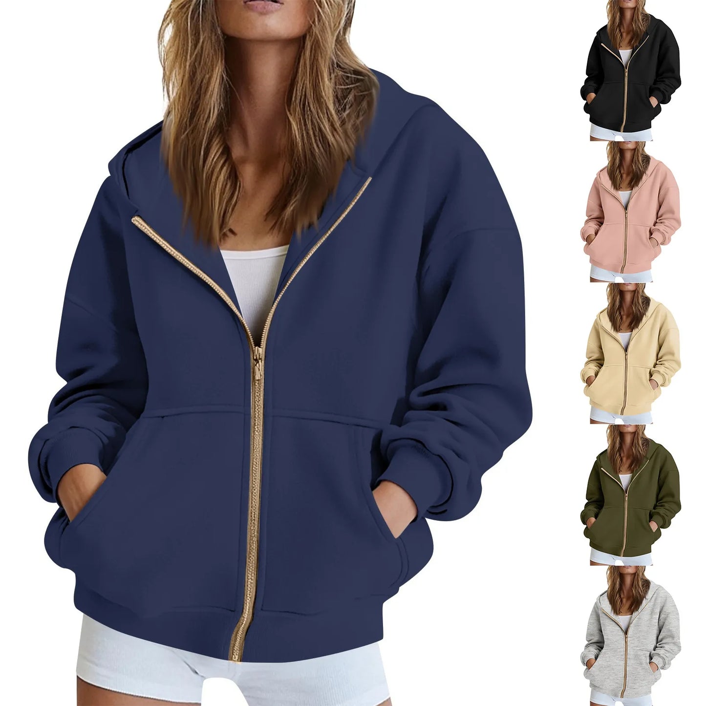 Solid Color Long Sleeve Zipper Hooded Sweatshirt Jacket Women Casual Fashion Hoodies Loose Warm Zipper Daily Dress up Clothing