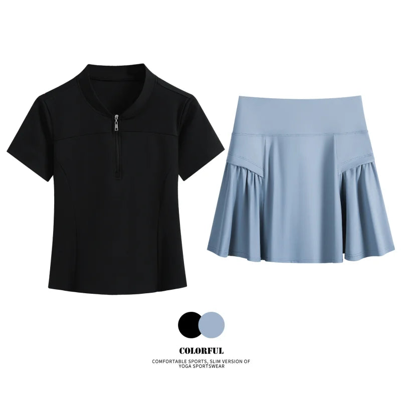 Women Tennis Skirt Set Summer Slim Fit Lightweight Gym Outfit 2 Piece Sport Top Skort Suit 2Pcs Tracksuit Ladies Golf Wear