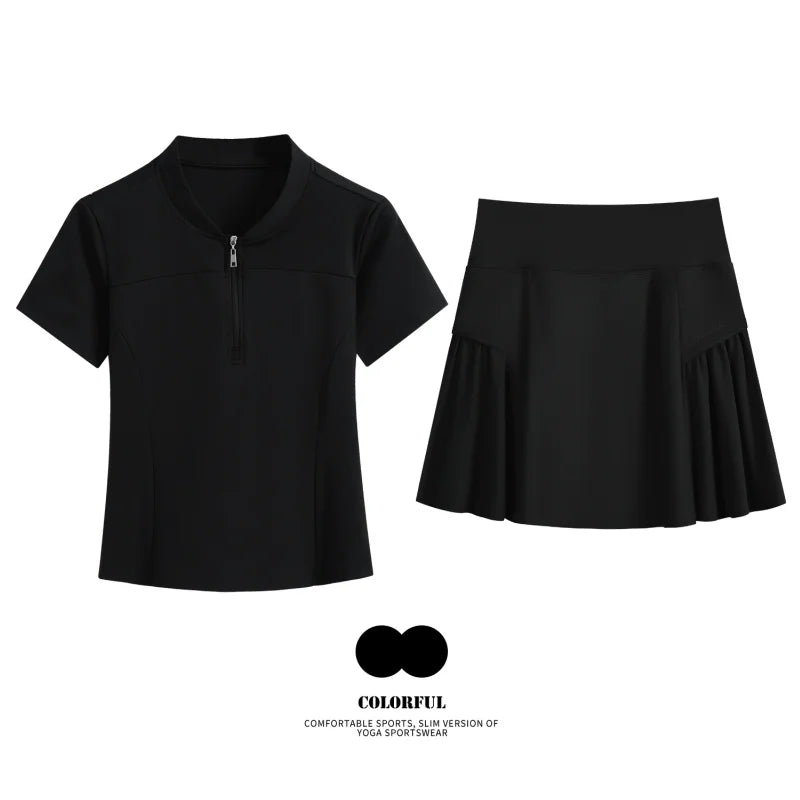 Women Tennis Skirt Set Summer Slim Fit Lightweight Gym Outfit 2 Piece Sport Top Skort Suit 2Pcs Tracksuit Ladies Golf Wear