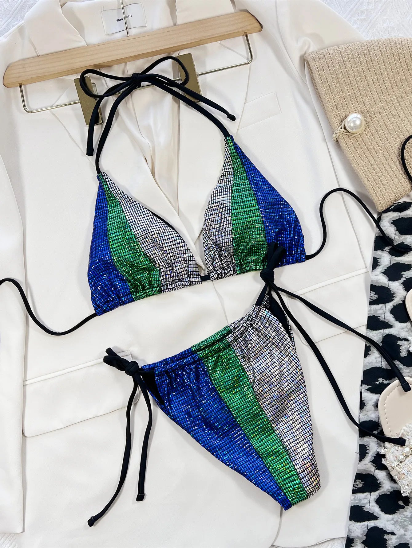 2025 Women Swimsuits Shiny Sexy Triangle Swimwear Women'S Two-Piece Swimsuit Halter Bikini Set Glittery Luxury Bathing Suit