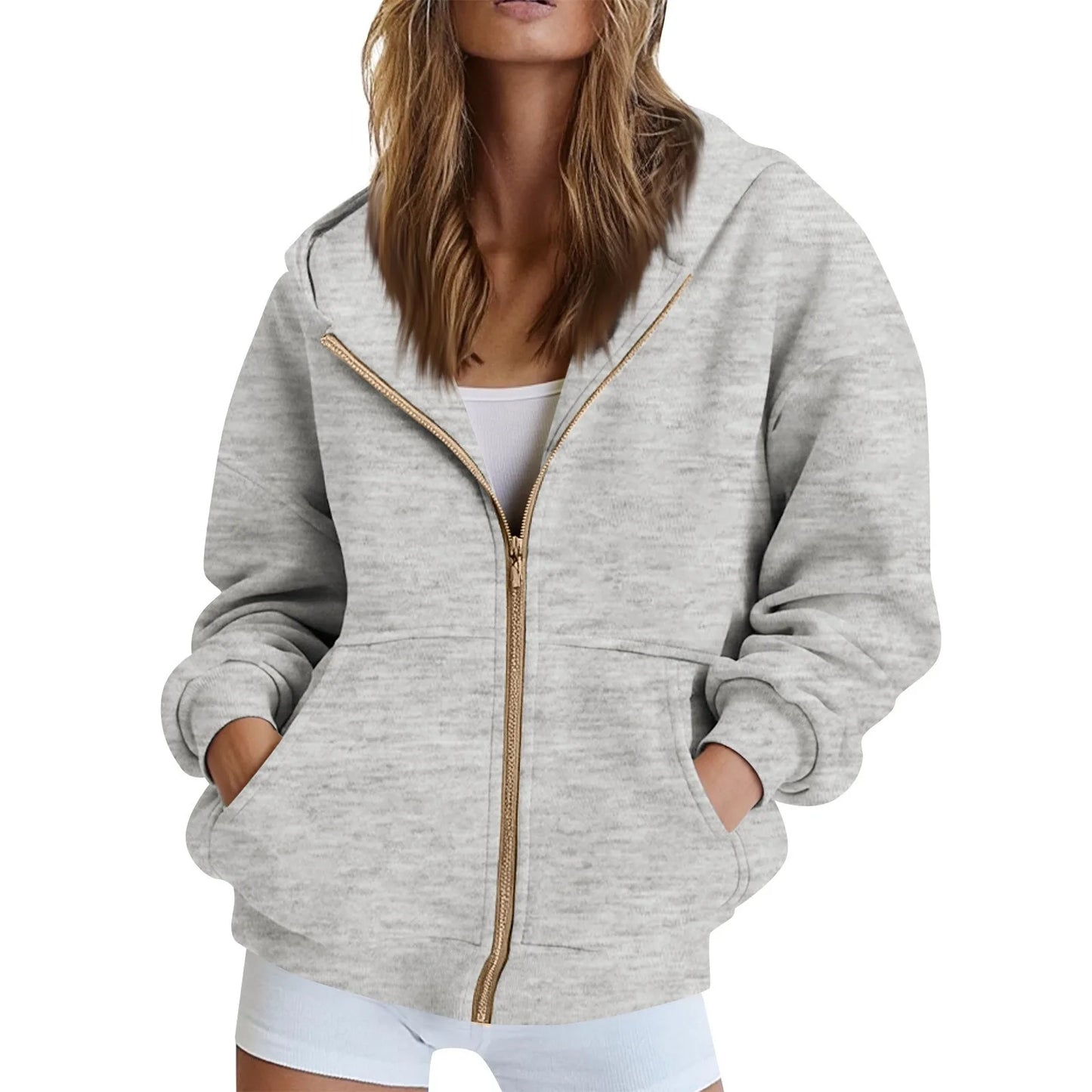 Solid Color Long Sleeve Zipper Hooded Sweatshirt Jacket Women Casual Fashion Hoodies Loose Warm Zipper Daily Dress up Clothing