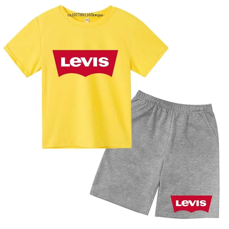 Summer T-Shirt Kids Set 4-13 Years Boys Girls Casual Short Sleeve Crew Neck T-Shirt + Shorts Flower Letter Mixed Print Clothing