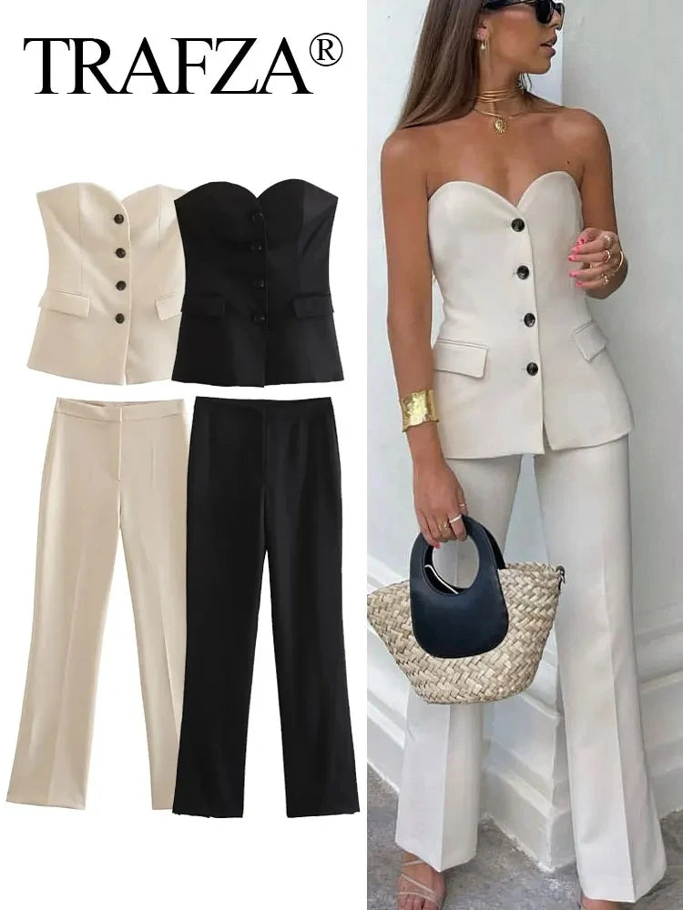 Women Elegant Solid Pant Suit Front Button Strapless Sexy Tank Tops + Side Slit Trouser Female Fashion Streetwear Sets