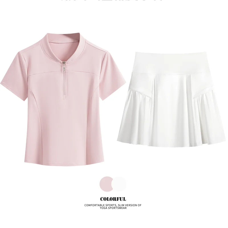 Women Tennis Skirt Set Summer Slim Fit Lightweight Gym Outfit 2 Piece Sport Top Skort Suit 2Pcs Tracksuit Ladies Golf Wear