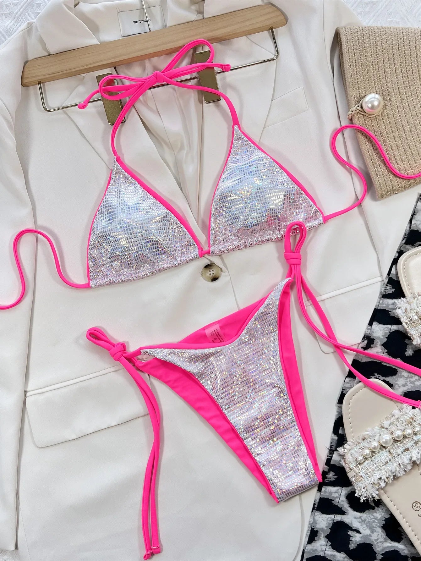2025 Women Swimsuits Shiny Sexy Triangle Swimwear Women'S Two-Piece Swimsuit Halter Bikini Set Glittery Luxury Bathing Suit