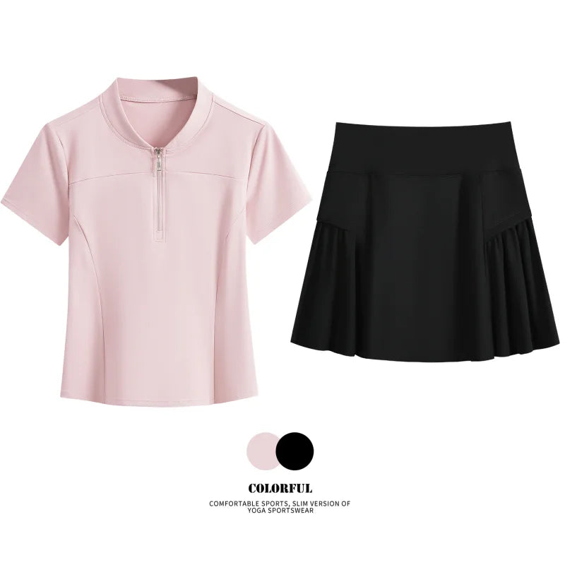 Women Tennis Skirt Set Summer Slim Fit Lightweight Gym Outfit 2 Piece Sport Top Skort Suit 2Pcs Tracksuit Ladies Golf Wear