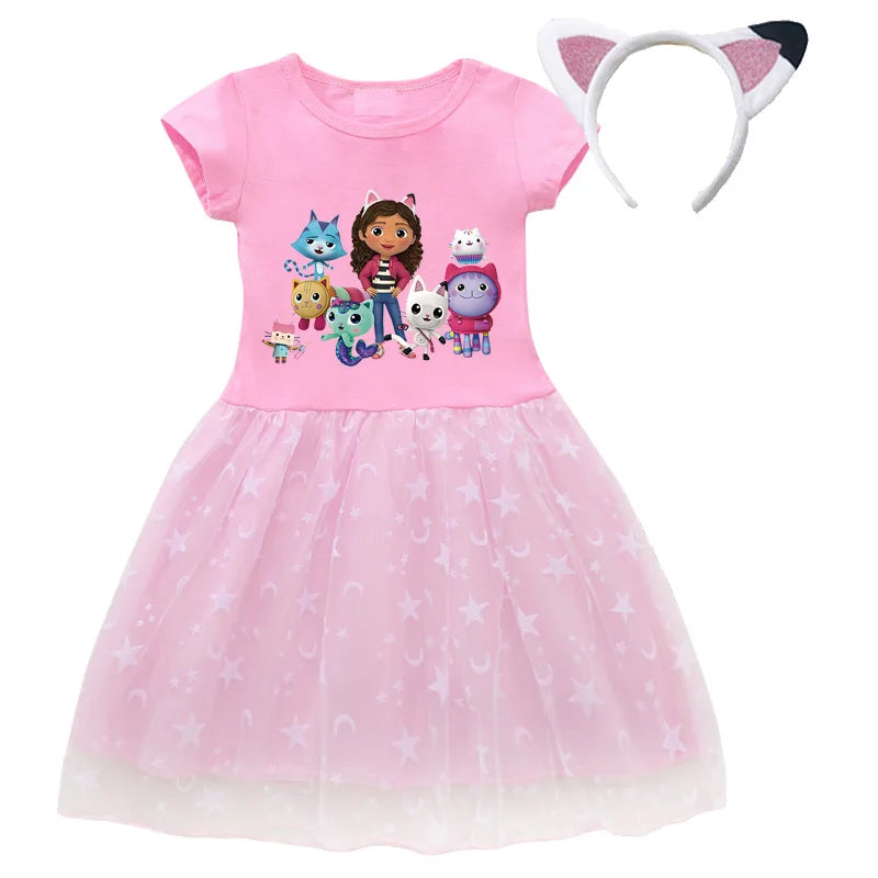 2024 New Summer Cartoon Gabby Cats Dresses Baby Girls Princess Dress Bag Headband Kids Gabby'S Dollhouse Cosplay Costume