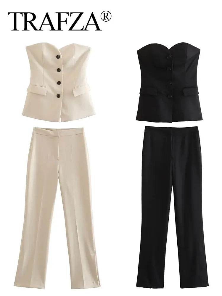 Women Elegant Solid Pant Suit Front Button Strapless Sexy Tank Tops + Side Slit Trouser Female Fashion Streetwear Sets