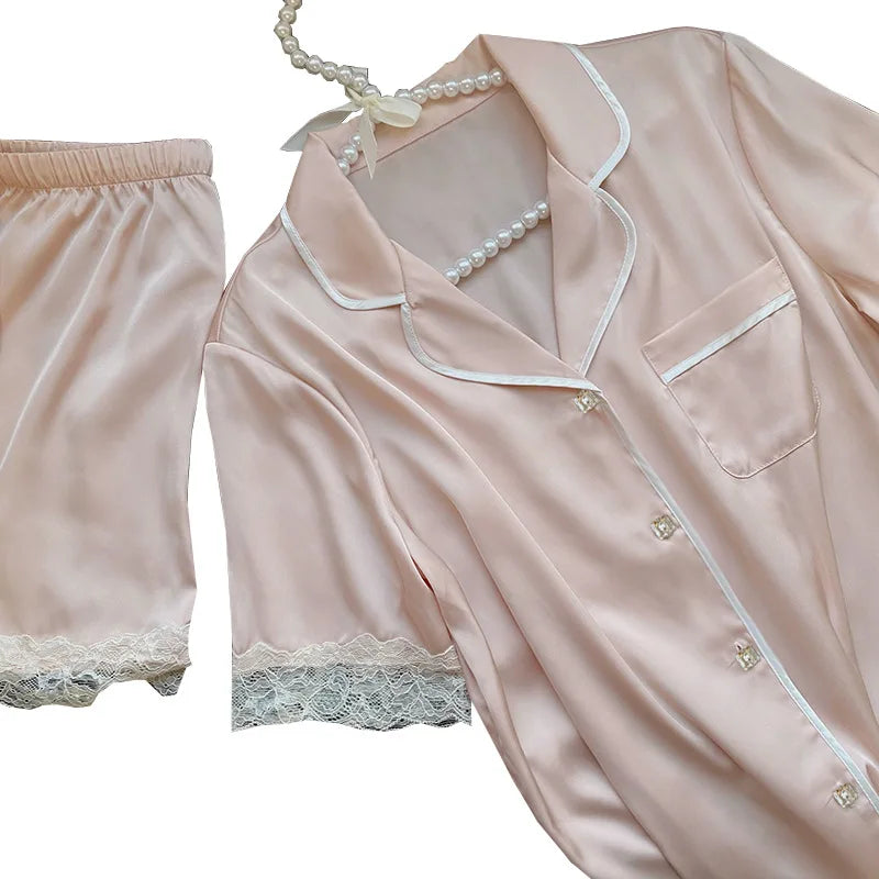 New Ice Silk Pajamas Women'S Summer Simple Ins High Value Sweet Girl Short-Sleeved Pajamas Homewear Summer Women'S Clothing