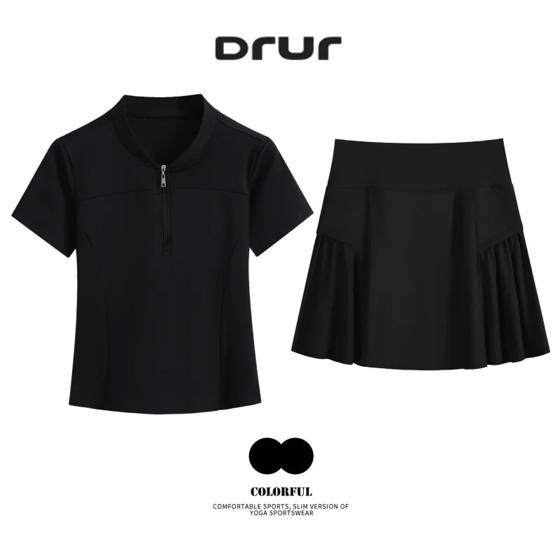 Women Tennis Skirt Set Summer Slim Fit Lightweight Gym Outfit 2 Piece Sport Top Skort Suit 2Pcs Tracksuit Ladies Golf Wear