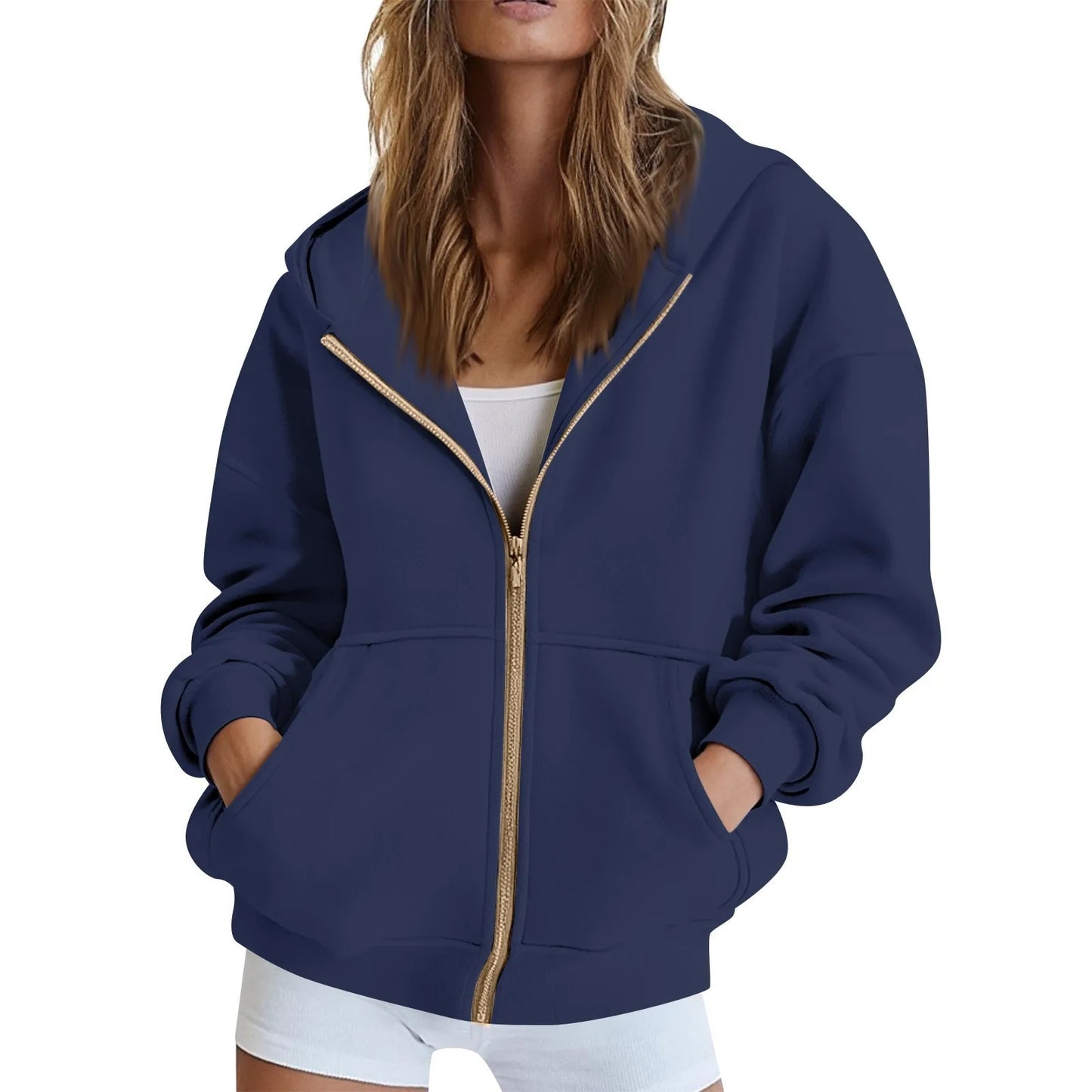 Solid Color Long Sleeve Zipper Hooded Sweatshirt Jacket Women Casual Fashion Hoodies Loose Warm Zipper Daily Dress up Clothing