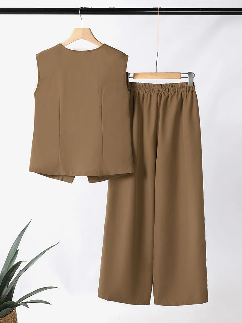 Women 2Pcs Matching Sets Fashion Sleeveless Waistcoat Suits Office Lady Wide Leg Pants Casual Loose Solid Retro Outfits