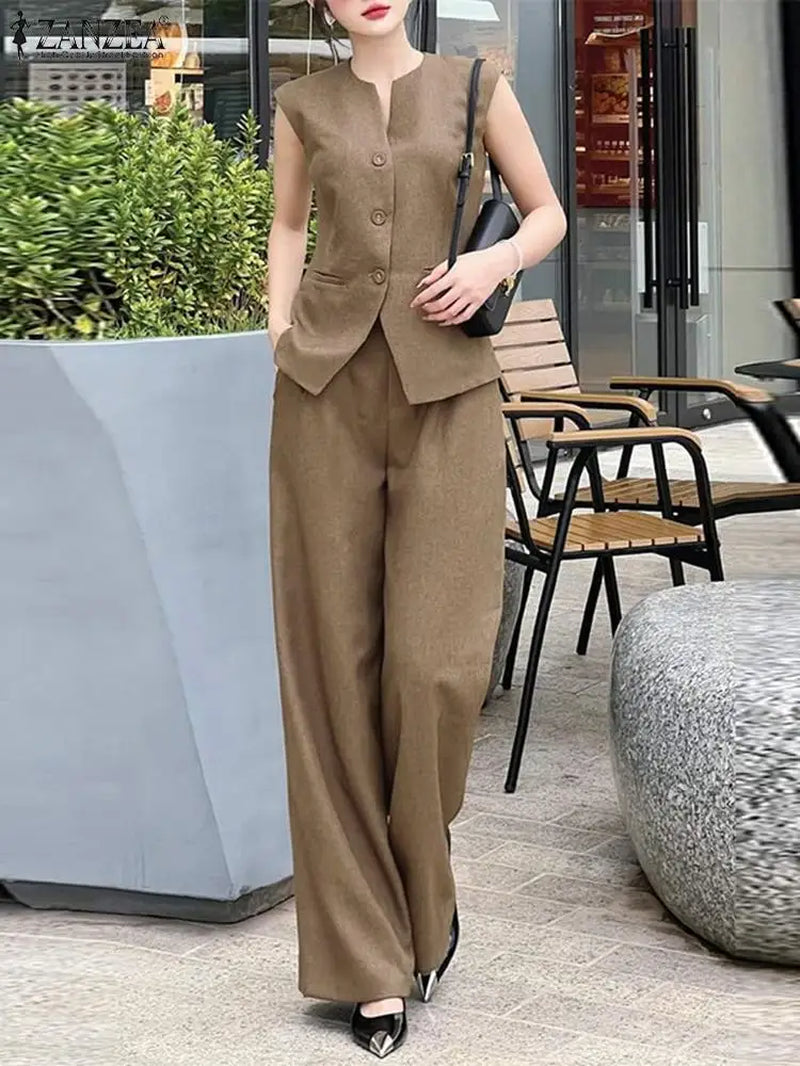 Women 2Pcs Matching Sets Fashion Sleeveless Waistcoat Suits Office Lady Wide Leg Pants Casual Loose Solid Retro Outfits