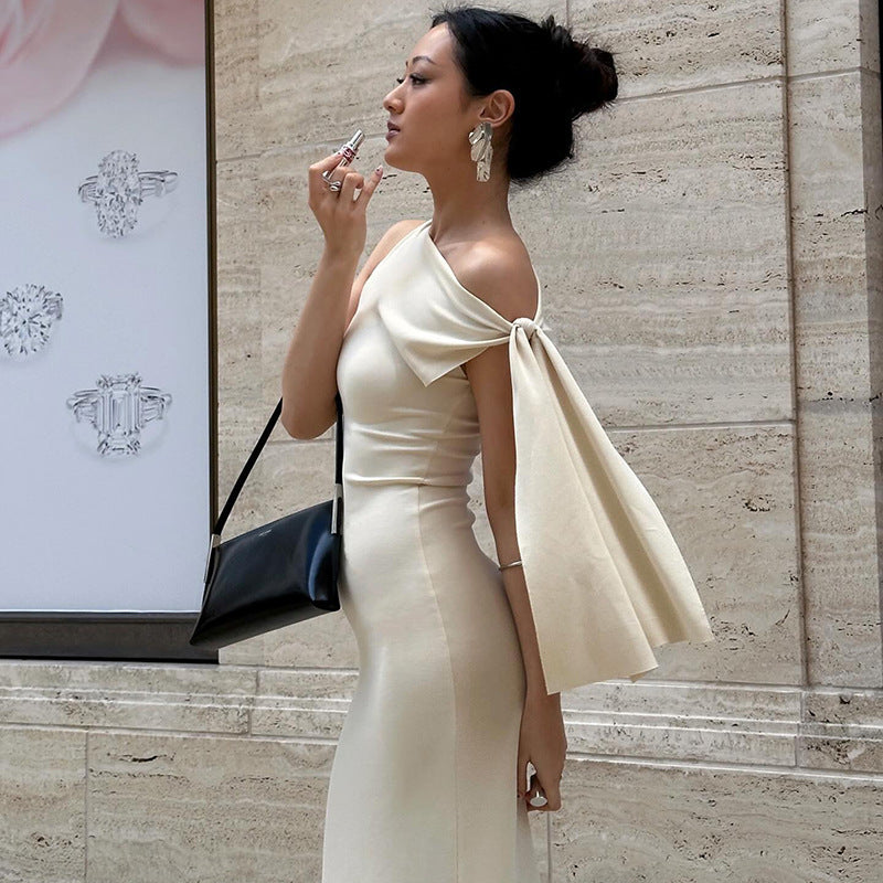 One-Shoulder Ribbon Long Dress Ins Fashion Slim Sleeveless Dresses for Evening Party Club Clothing Women