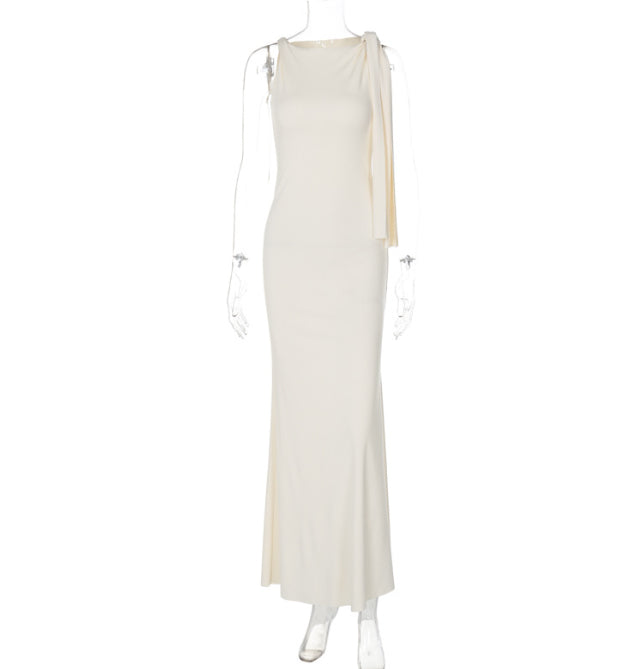 One-Shoulder Ribbon Long Dress Ins Fashion Slim Sleeveless Dresses for Evening Party Club Clothing Women