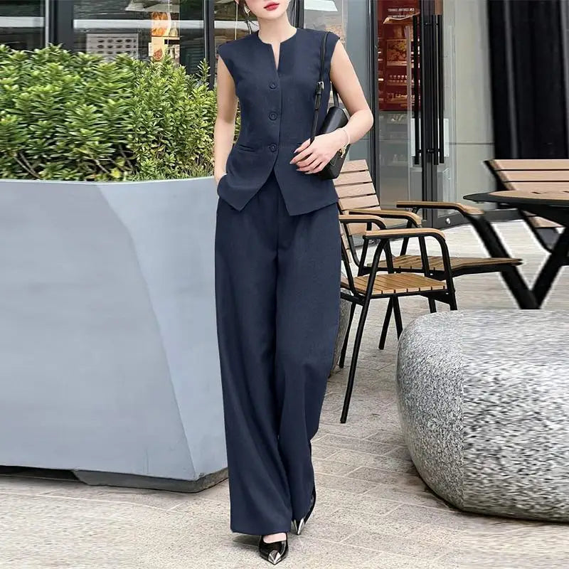 Women 2Pcs Matching Sets Fashion Sleeveless Waistcoat Suits Office Lady Wide Leg Pants Casual Loose Solid Retro Outfits