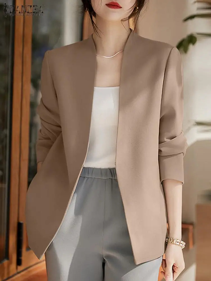 Woman Outwears  Autumn Cardigan Women Blazer Solid OL Work Suits Fashion Jackets Casual V Neck Long Sleeve Thin Coats