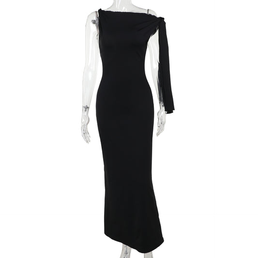 One-Shoulder Ribbon Long Dress Ins Fashion Slim Sleeveless Dresses for Evening Party Club Clothing Women