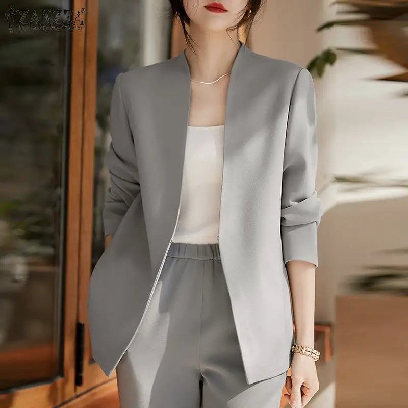Woman Outwears  Autumn Cardigan Women Blazer Solid OL Work Suits Fashion Jackets Casual V Neck Long Sleeve Thin Coats